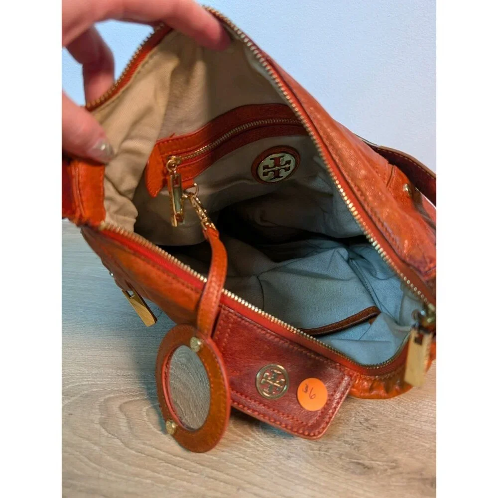 TORY BURCH Hobo PLEATED LEATHER HOBO Shoulder BAG Orange Brown Mirror Flaw